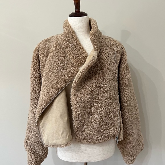 French Connection Jackets & Blazers - French Connection Tan Motorcycle Style Teddy Coat Size M